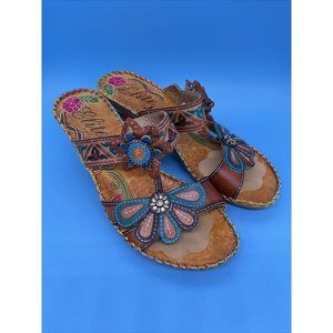 Elite By Corkys Brown Leather Wedge Thong Strap Sandal Shoes Women's US 7